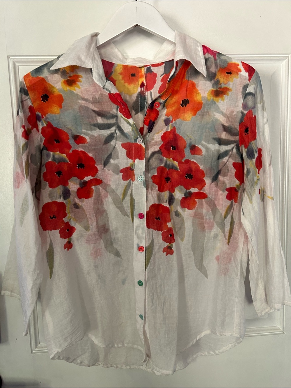 White Floral Button-Down Shirt with Red & Orange Blooms